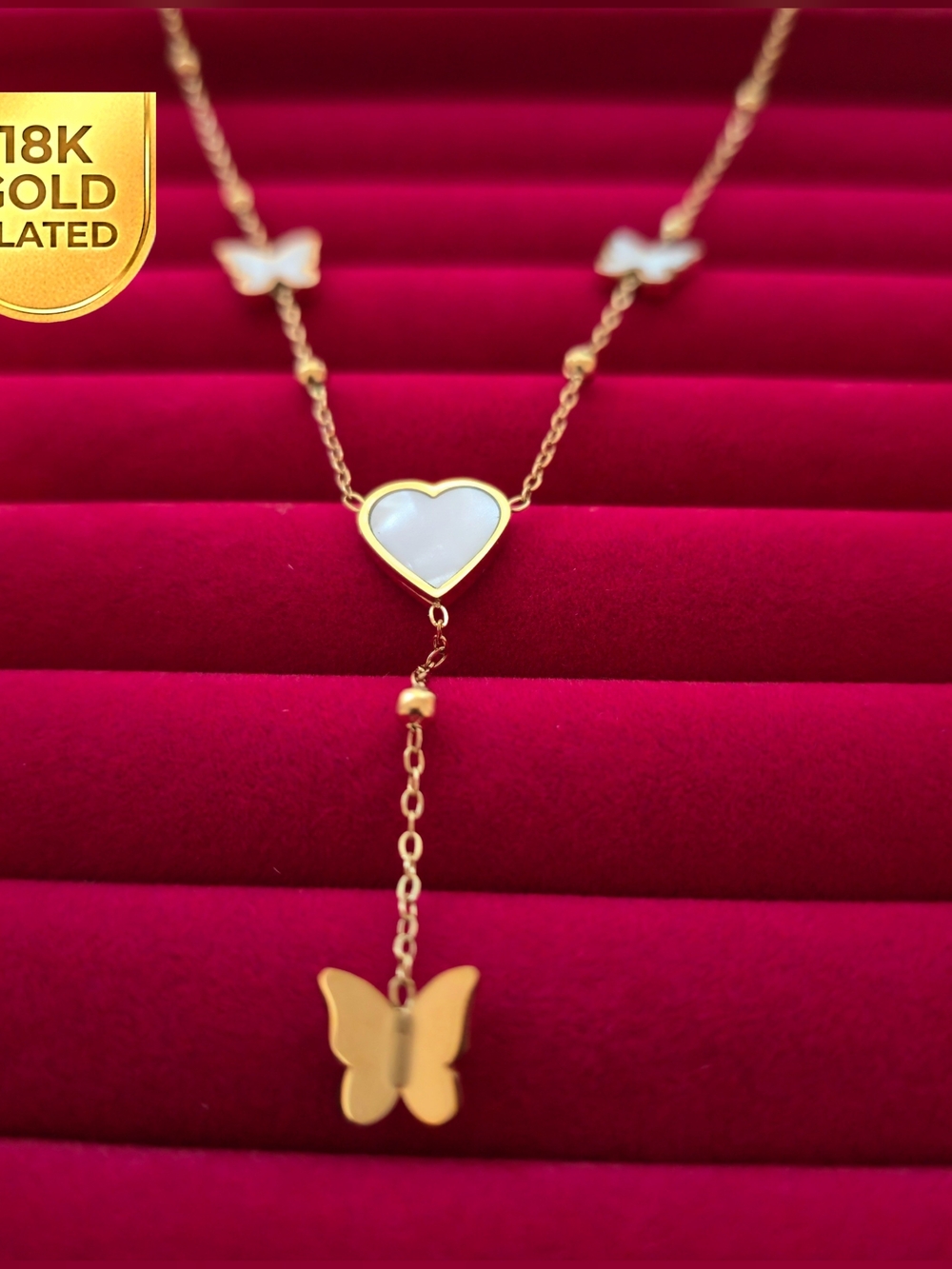 Cute 18K Gold Plated Heart & Butterfly Pendant Necklace - White and Gold B003
